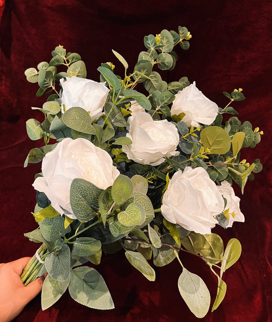 Artificial white rose & eucalyptus bouquet